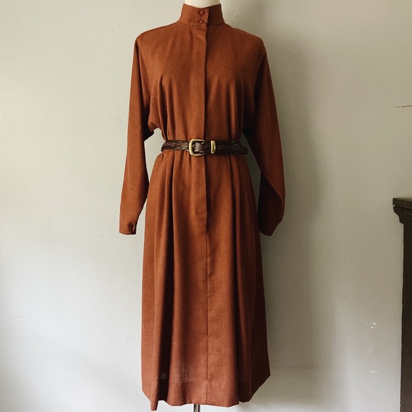 Vintage Dresses & Skirts - Vintage High Neck Rust Colored Button Midi Dress